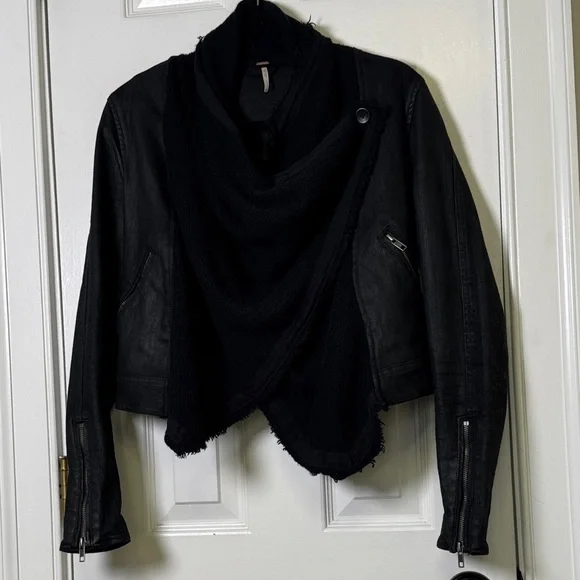 Free People Coated Denim Drape Front Moto Jacket Black Waterfall Collar XS 0 - Picture 3 of 14